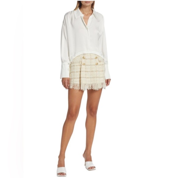 RAMY BROOK Karey Fringe Tweed Miniskirt Sz 4 Ivory Plaid Fringe Preppy - Picture 4 of 10